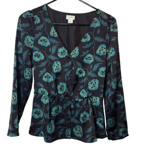 JCrew Satin Crepe Peplum Poppy‎ Print Blouse Size 00